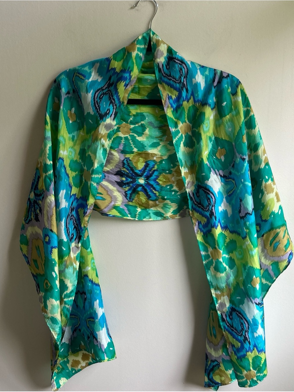 Chico's Green & Blue Watercolor Fashion Scarf 100% Silk 72” X 17.5”